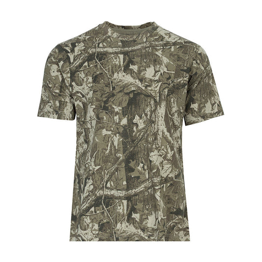 Men's tree camo crew-neck T-shirt with short sleeves, front full camo print