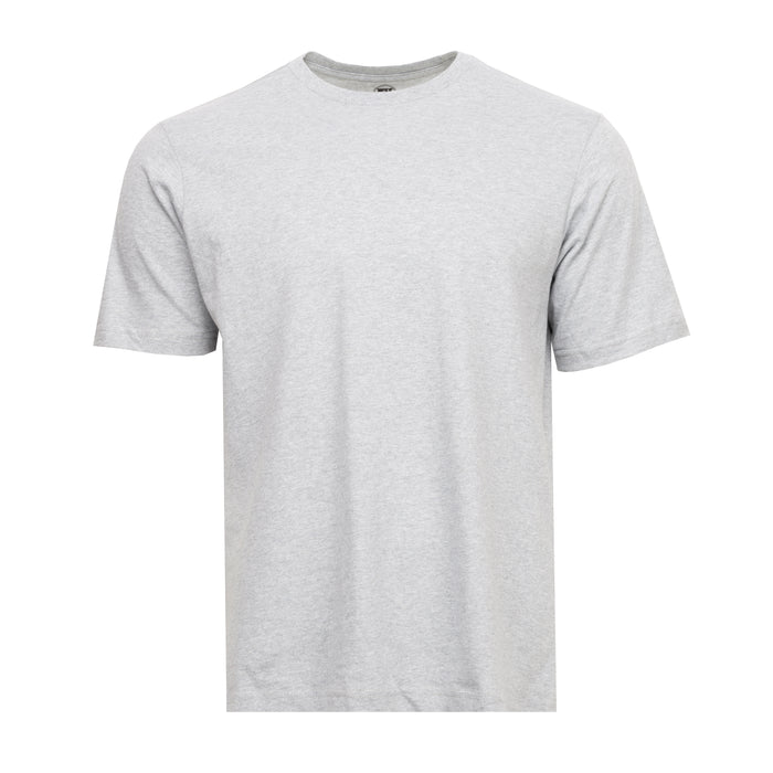 Men's heather gray crew-neck T-shirt, short-sleeve plain front, flat lay