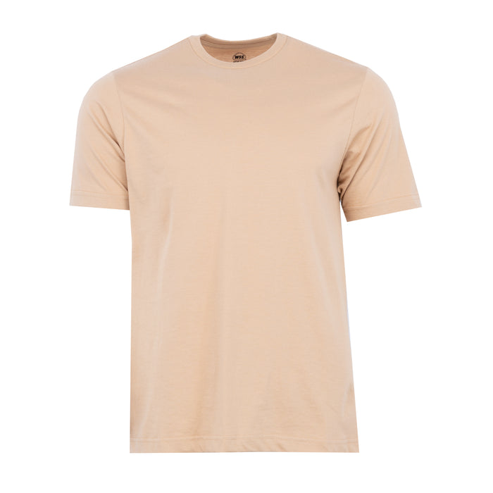 Men's hemp tan crew neck T-shirt close-up, ribbed neckline and short sleeves