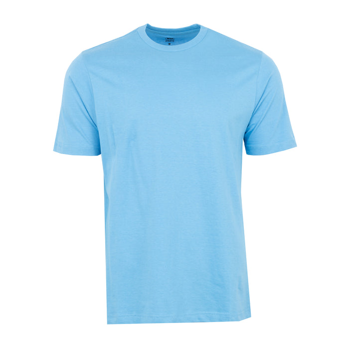 Men's crew neck T-shirt, light blue, short sleeves, straight hem.