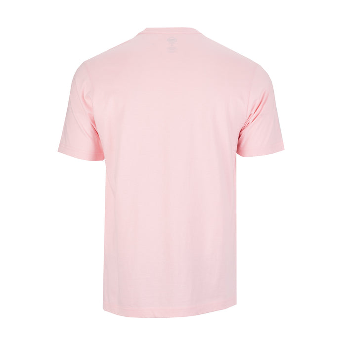 Men's pink crew neck T-shirt, short sleeves, back view