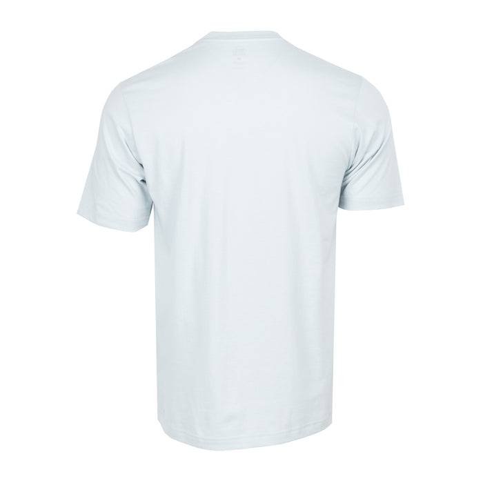 Back of men's crew neck T-shirt in light blue, short sleeves.