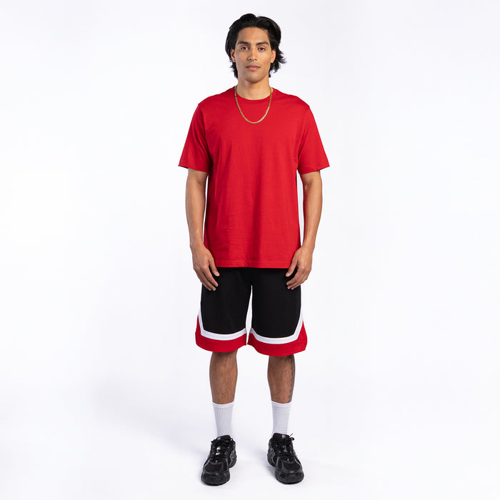 Red crew neck T-shirt worn by model, short sleeves and straight hem