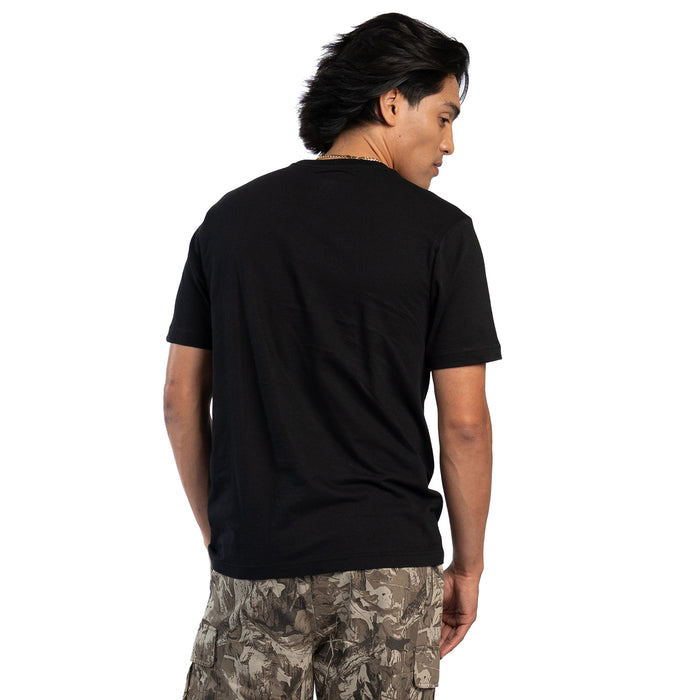 Men's black crew-neck short-sleeve T-shirt with visible back panel seams