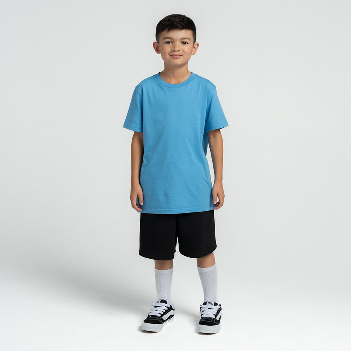 Light blue youth crew-neck T-shirt on model, short sleeves