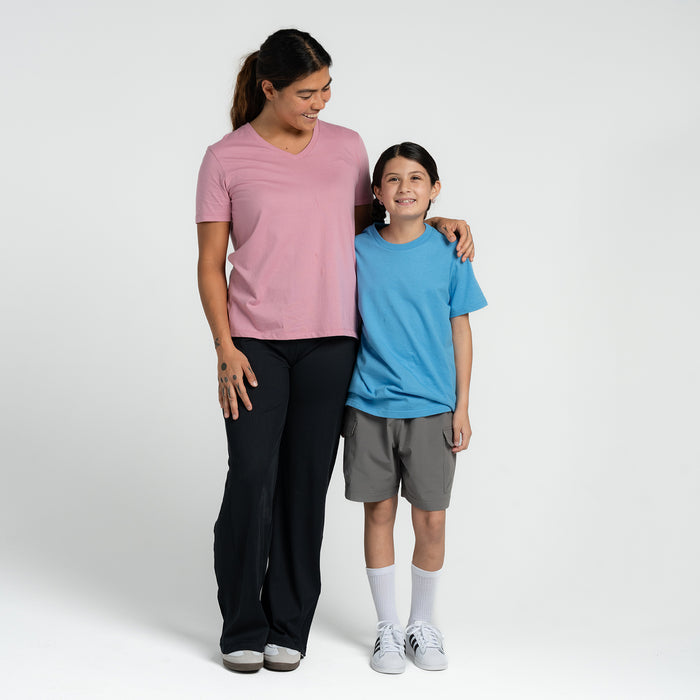Light blue youth crew-neck T-shirt on child, short sleeves