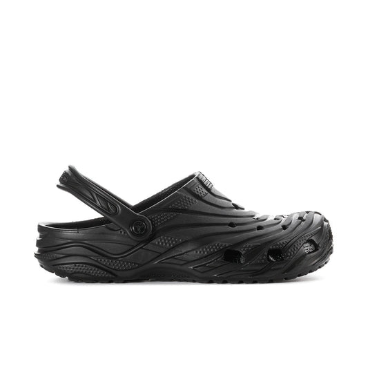 Black men's slip-on clog with perforated upper and adjustable heel strap.