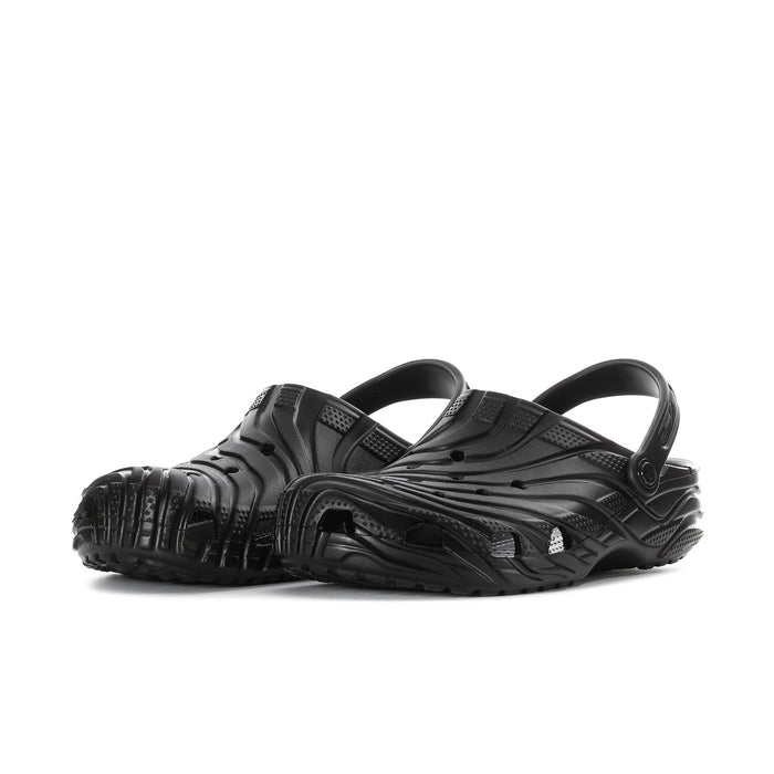 Black men's clog sandal style with perforated panels and adjustable back strap.