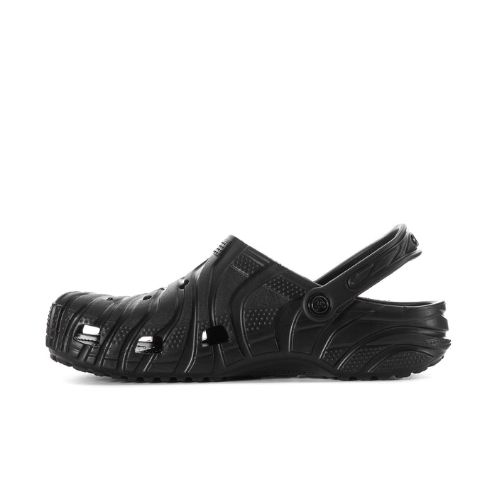 Black men's clog from side: sculpted upper, perforated vents, and heel strap.