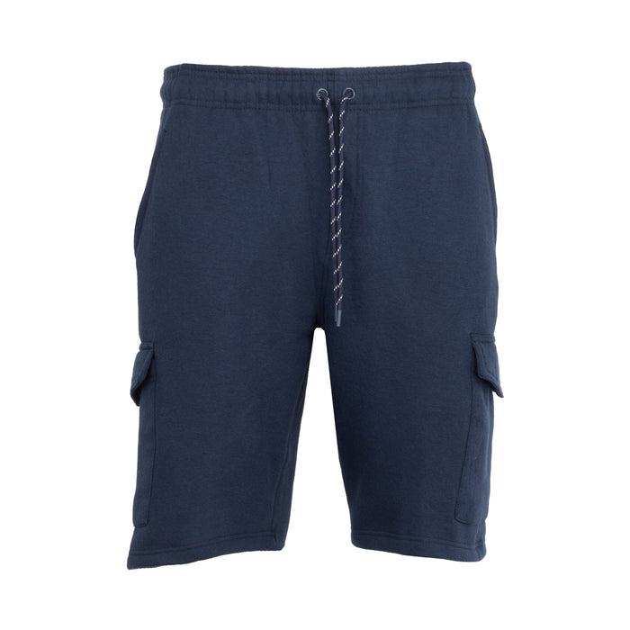 Men's dark navy fleece cargo shorts with drawstring and flap side pockets