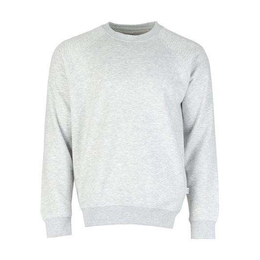 Men's heather grey fleece crewneck sweatshirt, long sleeves, ribbed cuffs and hem