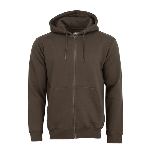Men's olive fleece zip-front hoody with drawstring hood and kangaroo pocket
