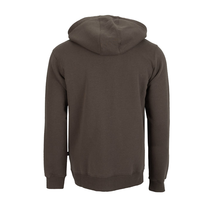 Men's fleece full-zip hoodie back view, dark brown hood with ribbed cuffs.