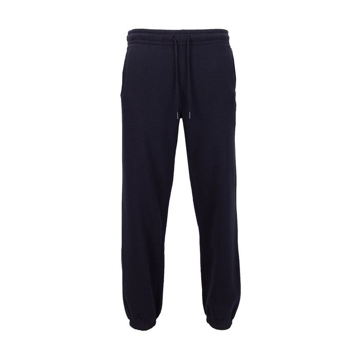 Men's fleece jogger pants in dark blue, elastic waist and drawstring, cuffed legs
