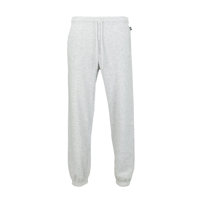 Heather grey men's fleece sweatpants with drawstring waist and ribbed cuffs