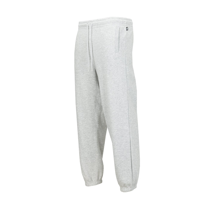 Heather grey men's fleece sweatpants, back view with drawstring waist and ribbed cuffs