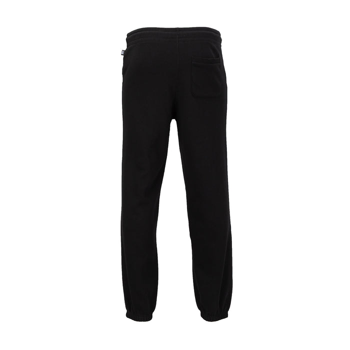 Men's black fleece jogger pants with back pockets and tapered elastic cuffs