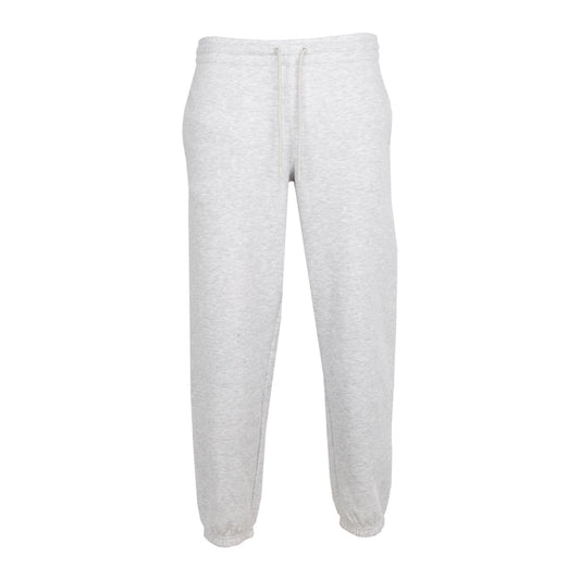 Heather grey fleece sweatpants with drawstring waist and tapered cuffs