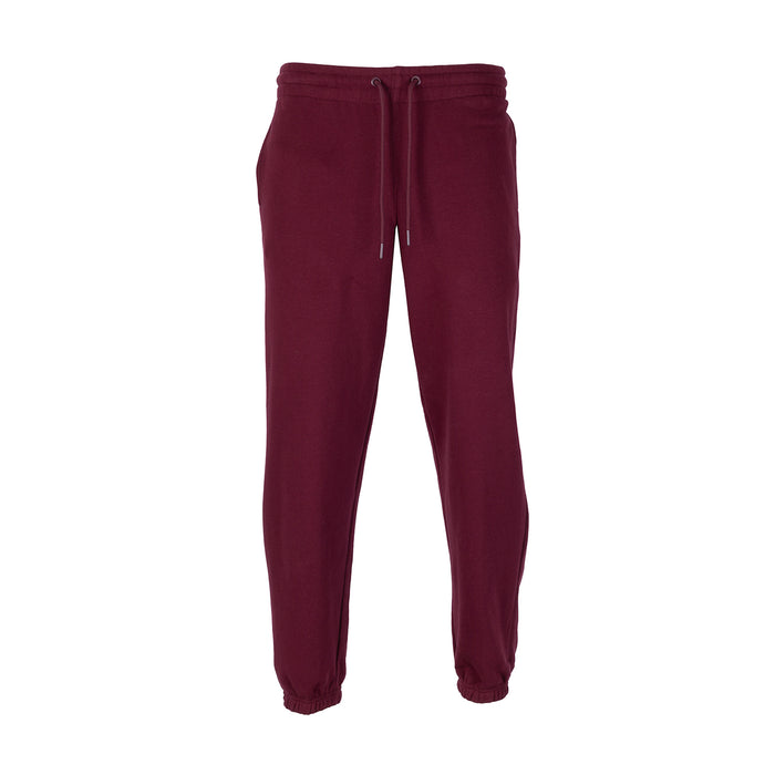Men's fleece sweatpants in dark cherry, drawstring waist, tapered legs, elastic cuffs