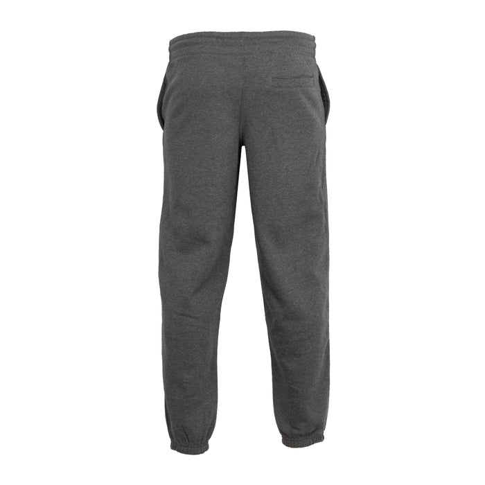 Men's charcoal fleece sweatpants, back view, elastic waistband and tapered legs