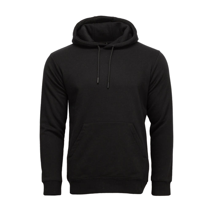 Men's black fleece pullover hoodie with hood, drawstring, and kangaroo pocket.
