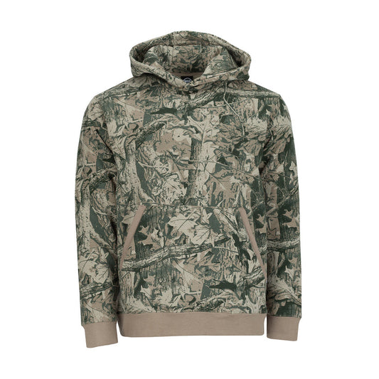 Men's bark camo fleece pullover hoody, front with kangaroo pocket