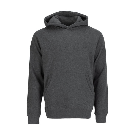 Men's pullover fleece hoodie, charcoal heather gray, front hood and kangaroo pocket