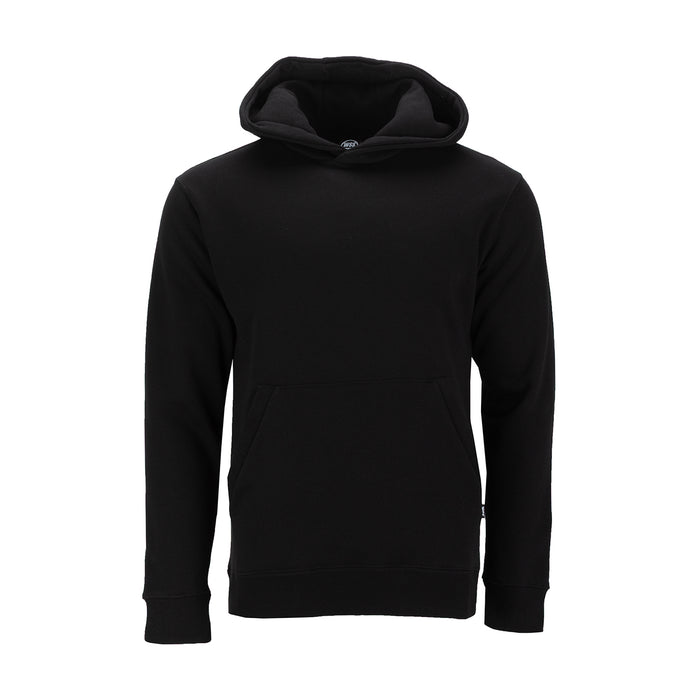 Men's black fleece pullover hoodie with hood and ribbed cuffs, front view