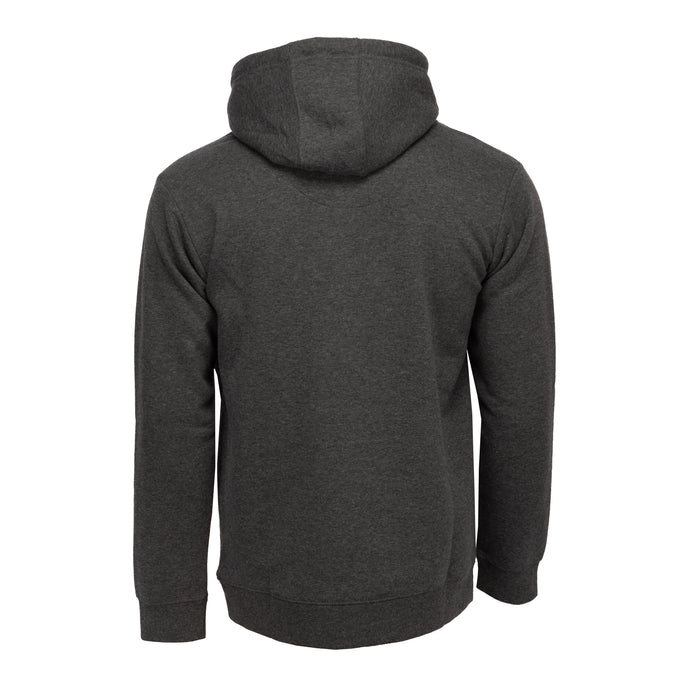 Men's charcoal fleece pullover hoodie, rear view with hood and drawstring.