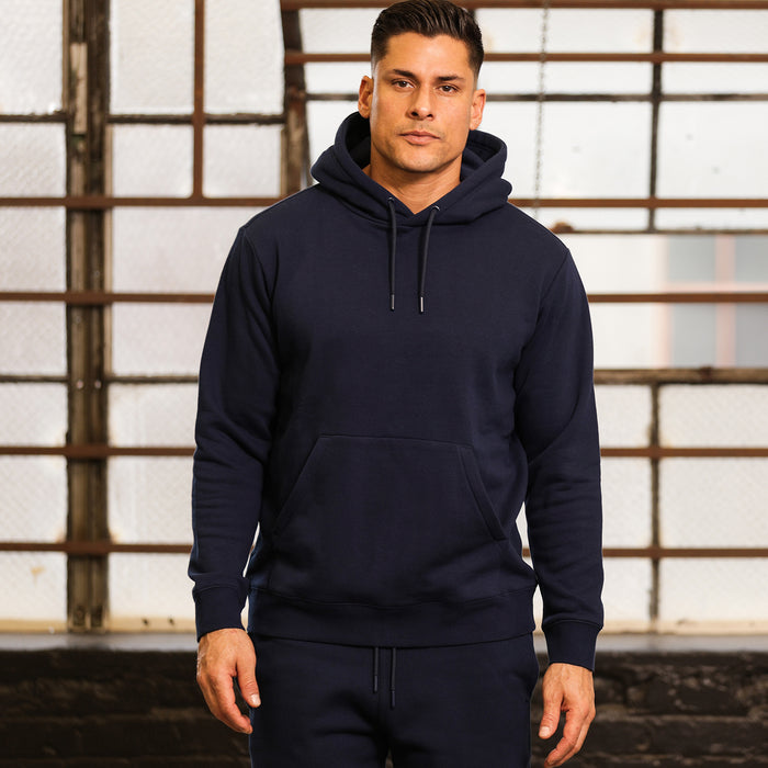 Men’s navy fleece pullover hoodie, front view with hood and drawstring