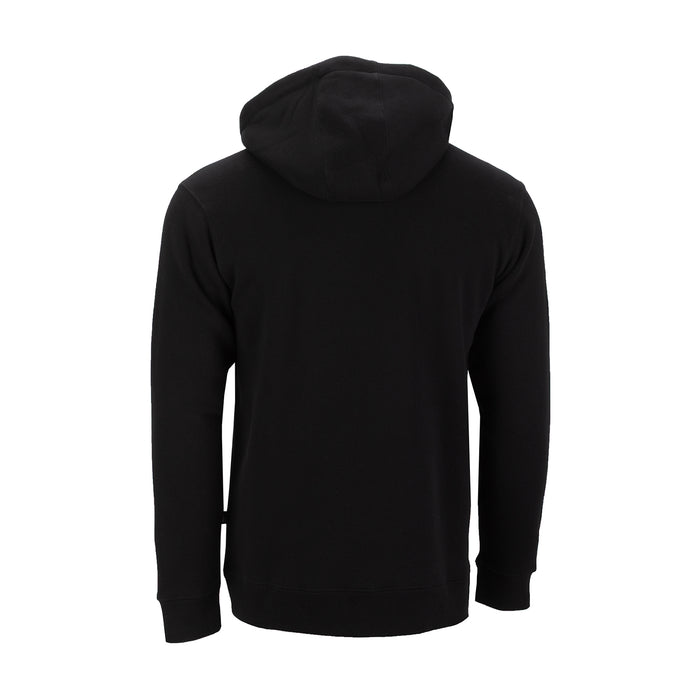 Men's black fleece pullover hoodie with hood and ribbed hem, back view
