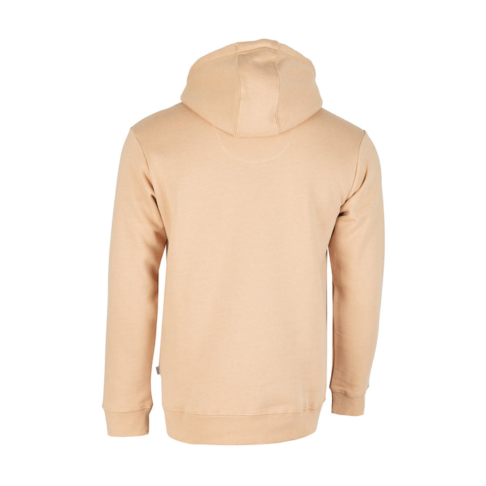 Men's hemp tan fleece pullover hoodie, back view with hood and ribbed cuffs
