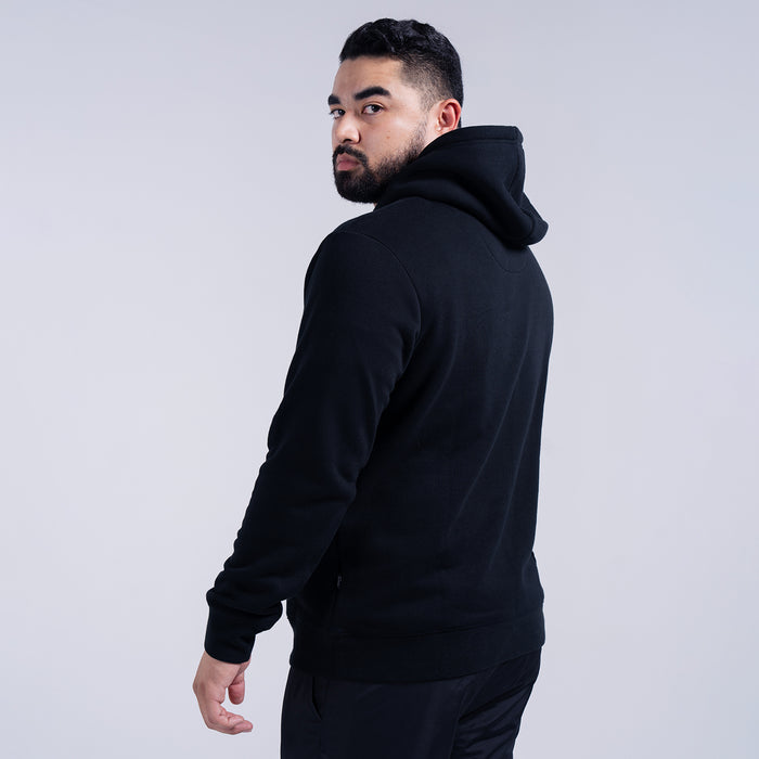 Black fleece pullover hoodie shown from the side, with hood and front kangaroo pocket.