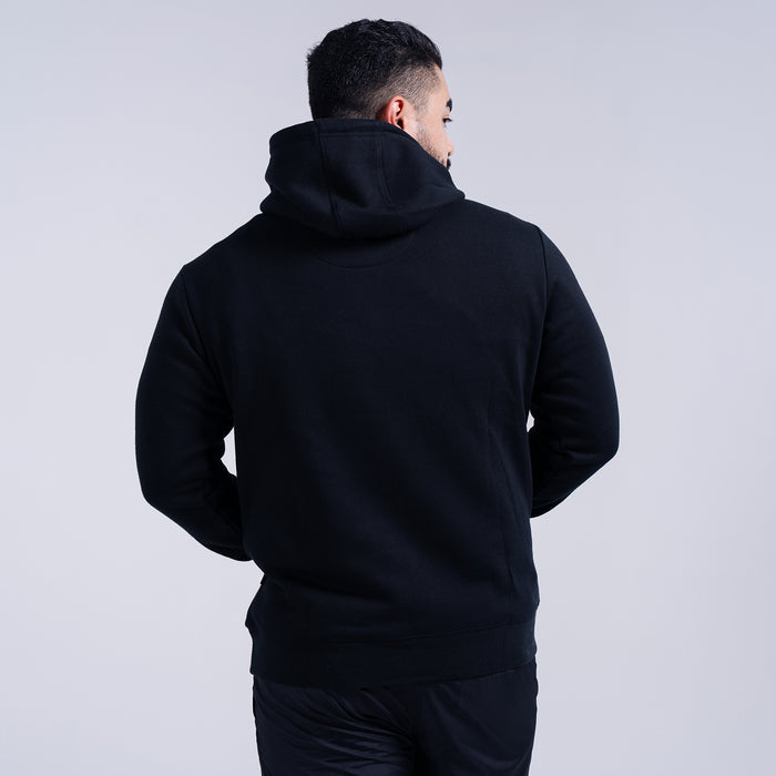 Black fleece pullover hoodie shown from the back with attached hood.