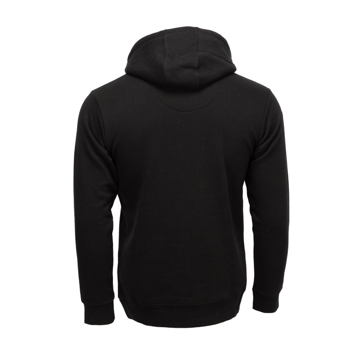 Black fleece pullover hoodie back view, with attached hood and full sleeves.