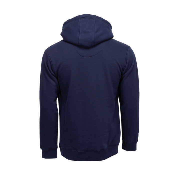 Men’s navy fleece pullover hoodie, back view
