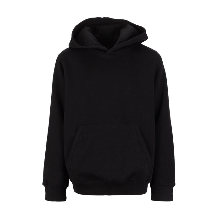 Youth black fleece pullover hoodie with front hood and kangaroo pocket
