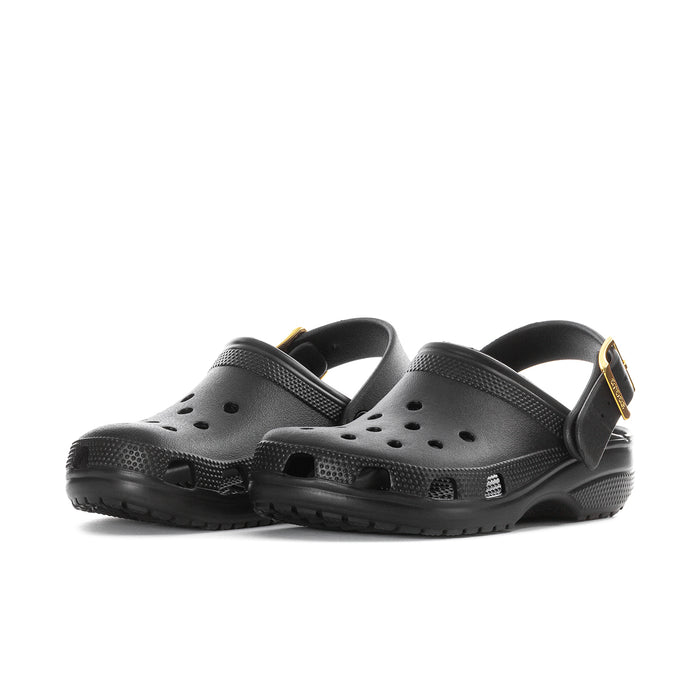 Women’s black clog with metallic buckle strap and perforated upper