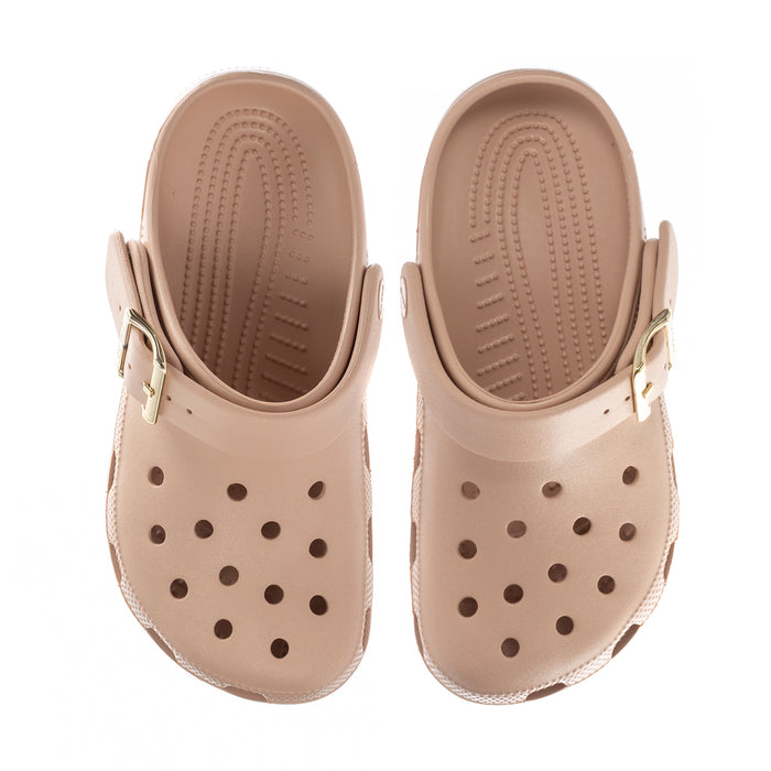 Pair of blush clogs showing cushioned footbeds and circular vent holes