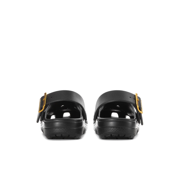 Women's black metallic buckle clog with back strap and gold-tone hardware
