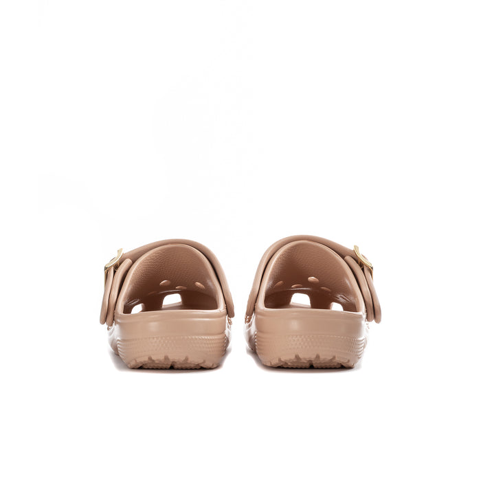 Blush women's clogs from heel view with adjustable buckle strap and smooth back