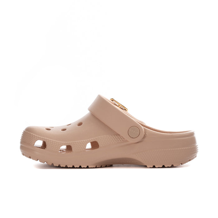 Blush women's clog side profile with metallic buckle and perforated upper