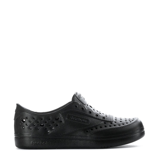 Black kids sneaker with perforated panels, lace eyelets, and side logo