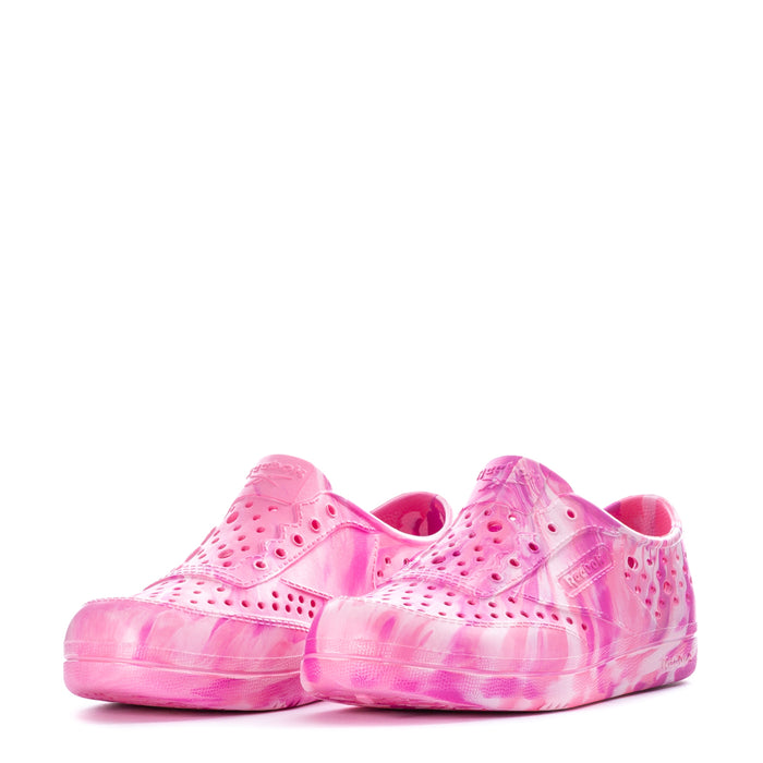 Kids' pink perforated sneaker, back view with looped heel opening