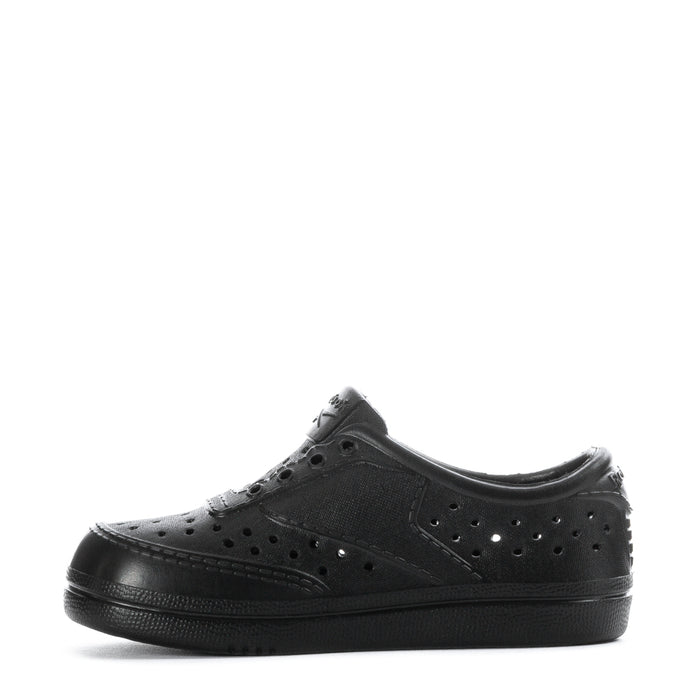 Black toddler lace-up sneakers, side view with perforation details and low profile sole