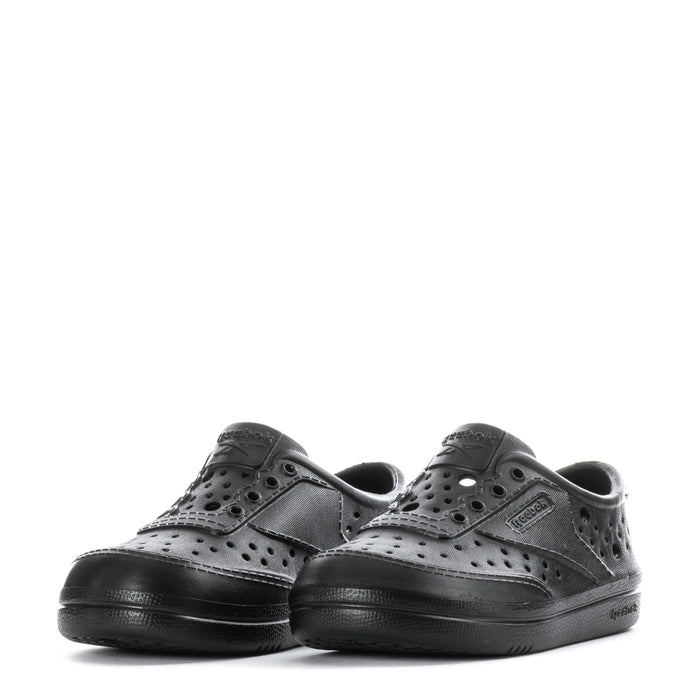 Pair of black toddler lace-up sneakers with perforated uppers and rounded toe