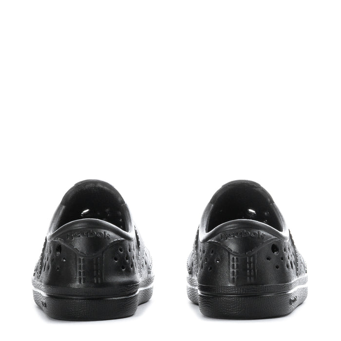 Black toddler sneakers heel view with cushioned back and textured sole