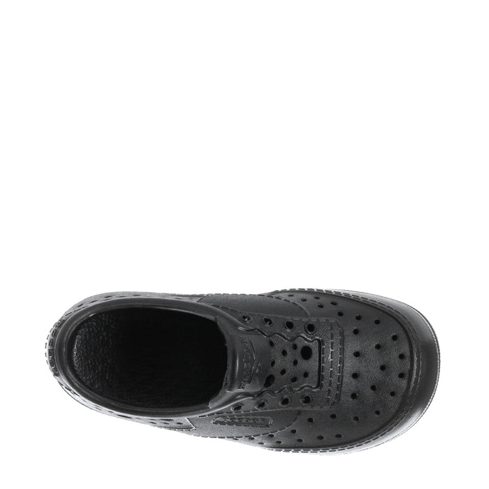 Black toddler sneaker upper with perforation details and open collar