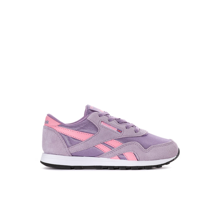 Kids' purple lace-up sneakers with pink side stripes and black rubber sole
