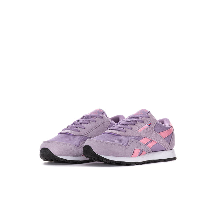 Kids' purple sneakers angled view with pink accents and black tread sole